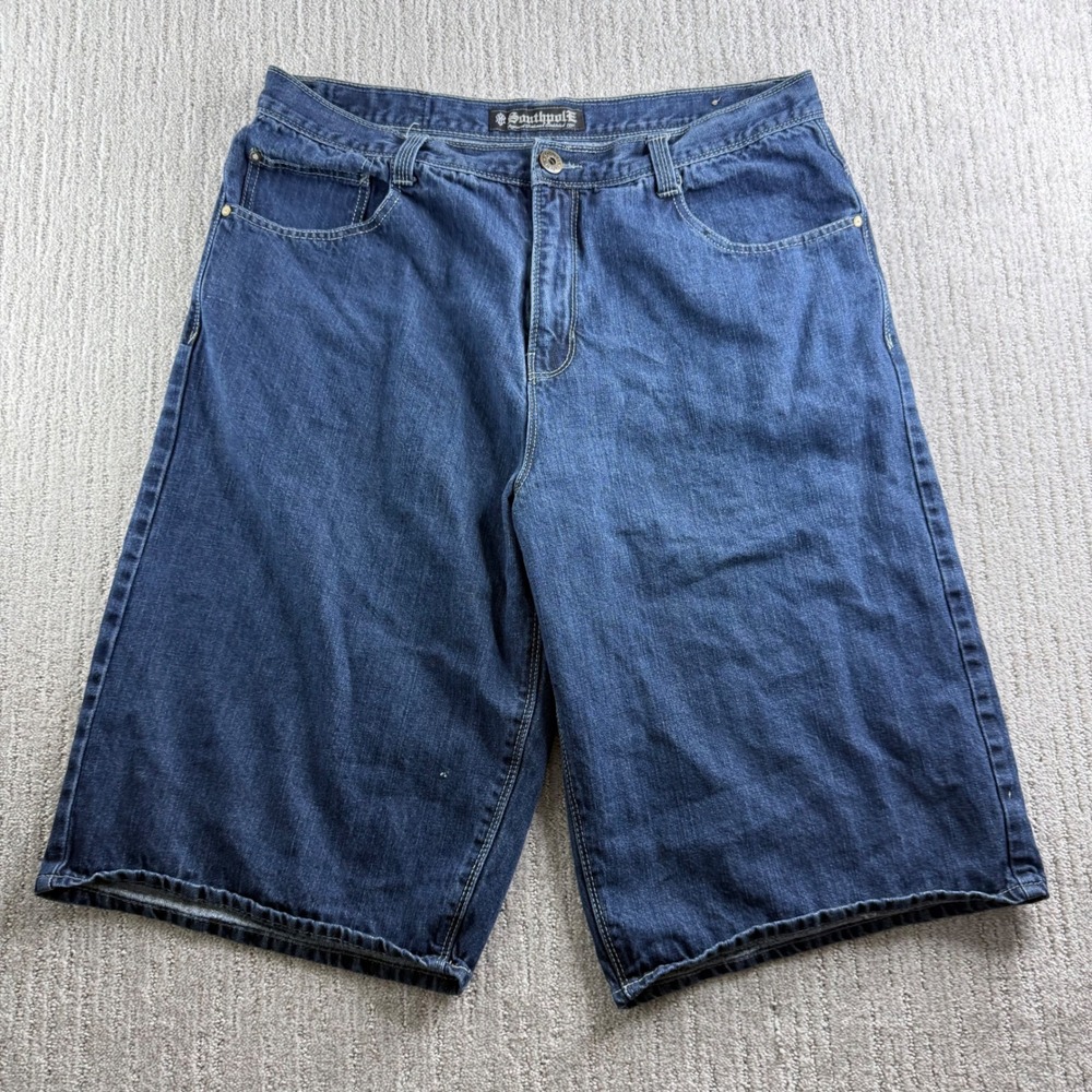 Southpole Mens Blue Denim Jean Shorts Size 42 Baggy Y2K Embroidered Pockets